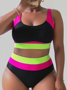 Slaydiva Nuevo conjunto de traje de baño de dos piezas estilo bikini con bloques de color y patchwork, cintura alta y Bottom triangular para mujeres de talla grande - Verde - Ver 1