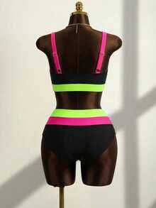 Slaydiva Nuevo conjunto de traje de baño de dos piezas estilo bikini con bloques de color y patchwork, cintura alta y Bottom triangular para mujeres de talla grande - Verde - Ver 4