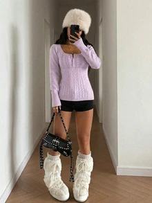 StreetHx Petite Women's Solid Color Autumn/Winter Ribbed U-Neck Button Casual Long Sleeve Sweater Top - Pink - View 3