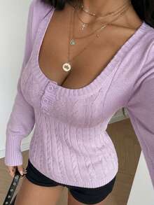 StreetHx Petite Women's Solid Color Autumn/Winter Ribbed U-Neck Button Casual Long Sleeve Sweater Top - Pink - View 7