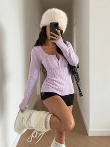 StreetHx Petite Women's Solid Color Autumn/Winter Ribbed U-Neck Button Casual Long Sleeve Sweater Top - Pink - View 1