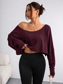 Flirla Women's Casual Solid Color Batwing Cropped T-Shirt, Spring/Autumn Fall Cloth For Women - Burgundy - View 1
