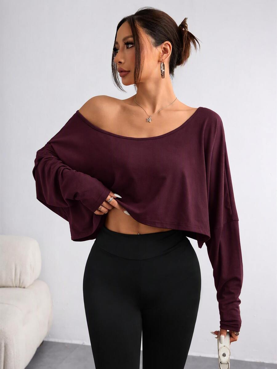 Flirla Women's Casual Solid Color Batwing Cropped T-Shirt, Spring/Autumn Fall Cloth For Women - Burgundy - View 1