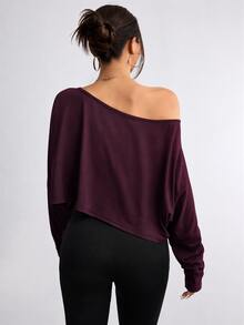 Flirla Women's Casual Solid Color Batwing Cropped T-Shirt, Spring/Autumn Fall Cloth For Women - Burgundy - View 2
