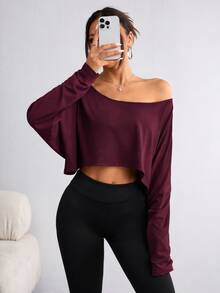 Flirla Women's Casual Solid Color Batwing Cropped T-Shirt, Spring/Autumn Fall Cloth For Women - Burgundy - View 6
