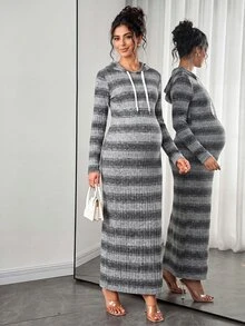 Momance Maternity Dress, Maternity Hooded Knit Dress, Elastic Ribbed Slim Fit Mid-Length Bodycon Sweatshirt Dress For Mid To Late Pregnancy, Maternity Slimming Inner Layer Dress - Grey - View 3