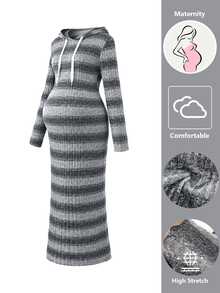 Momance Maternity Dress, Maternity Hooded Knit Dress, Elastic Ribbed Slim Fit Mid-Length Bodycon Sweatshirt Dress For Mid To Late Pregnancy, Maternity Slimming Inner Layer Dress - Grey - View 5