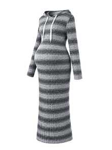 Momance Maternity Dress, Maternity Hooded Knit Dress, Elastic Ribbed Slim Fit Mid-Length Bodycon Sweatshirt Dress For Mid To Late Pregnancy, Maternity Slimming Inner Layer Dress - Grey - View 7