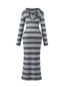 Momance Maternity Dress, Maternity Hooded Knit Dress, Elastic Ribbed Slim Fit Mid-Length Bodycon Sweatshirt Dress For Mid To Late Pregnancy, Maternity Slimming Inner Layer Dress - Grey - View 6