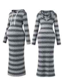 Momance Maternity Dress, Maternity Hooded Knit Dress, Elastic Ribbed Slim Fit Mid-Length Bodycon Sweatshirt Dress For Mid To Late Pregnancy, Maternity Slimming Inner Layer Dress - Grey - View 8