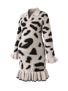 Momance Maternity Sweater Dress, Slim Fit, Lapel Collar With Ruffle Hem, Leopard Print Design, Casual Everyday Wear, Bodycon Knit Pullover Mini Dress - Multicolor - View 7