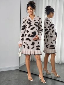 Momance Maternity Sweater Dress, Slim Fit, Lapel Collar With Ruffle Hem, Leopard Print Design, Casual Everyday Wear, Bodycon Knit Pullover Mini Dress - Multicolor - View 4
