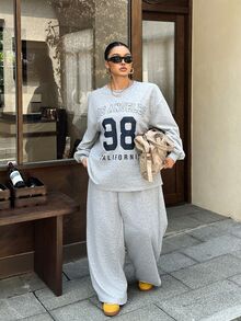 Muchica 大尺碼女款字母印花長袖T恤與長褲休閒復古街頭風兩件套，灰色，適合秋季機場居家旅行度假 - 灰色 - 查看 4