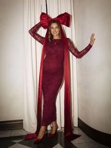 SHEIN Elegant Lace Fitted Party Dress For Pregnant Women Fall Christmas - Burgundy - View 1