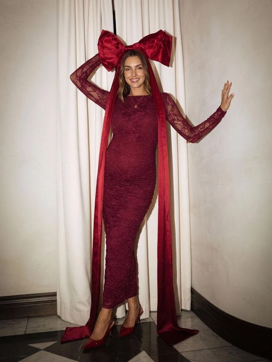 SHEIN Elegant Lace Fitted Party Dress For Pregnant Women Fall Christmas - Burgundy - View 1