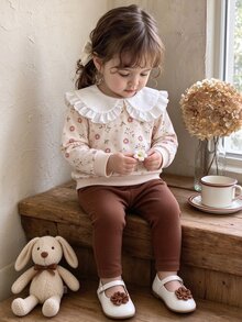 SHEIN 2件組幼兒女嬰可愛奶油棕色花卉針織長袖前扣上衣與長褲套裝，蕾絲舒適秋季公主風女童假日軟綿套裝 - 棕色 - 查看 3