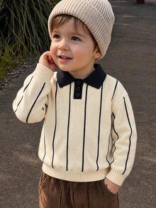SHEIN Young Boys' Thick Knit Cardigan Sweater With Striped Pattern, Long Sleeve, Autumn/Winter - Multicolor - View 3