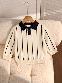 SHEIN Young Boys' Thick Knit Cardigan Sweater With Striped Pattern, Long Sleeve, Autumn/Winter - Multicolor - View 1