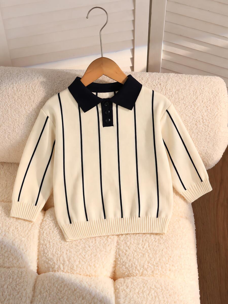 SHEIN Young Boys' Thick Knit Cardigan Sweater With Striped Pattern, Long Sleeve, Autumn/Winter - Multicolor - View 1