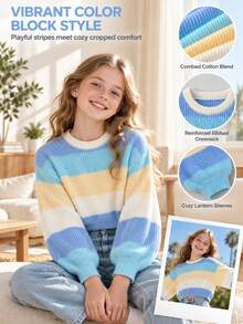 Tween Girls Sweater, Cropped Crew Neck Long Sleeve Striped Ribbed Knit Pastel Blue Yellow Cream - Blue - View 8