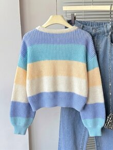 Tween Girls Sweater, Cropped Crew Neck Long Sleeve Striped Ribbed Knit Pastel Blue Yellow Cream - Blue - View 2