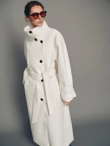 MOTF PREMIUM Autumn/Winter Chimney Collar Tie Wool Coat - White - View 6