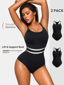 SHAPORA 2PCS Women Seamless Shapewear Solid Color Tummy Control Flat Belly Sheath Slimming Shapewear Bodysuit - Black - View 2