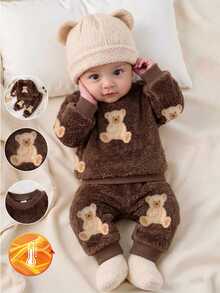 SHEIN 2pcs Baby Boy Ribbed Sweatshirt Pants Cute Sweet Brown Bear Patch Fuzzy Plush Long Sleeve Round Neck Thick Holiday Winter Sweaters Fall Hem - Brown - View 9