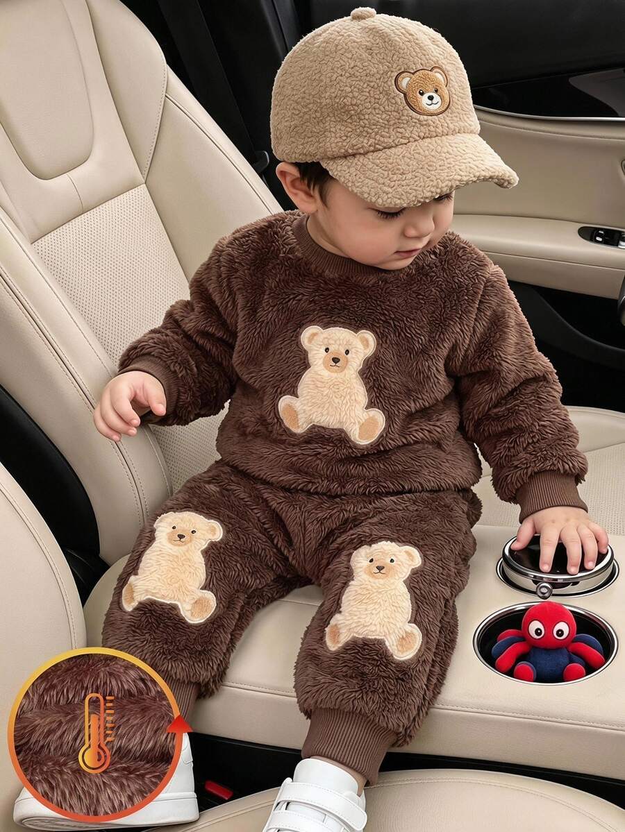 SHEIN 2pcs Baby Boy Ribbed Sweatshirt Pants Cute Sweet Brown Bear Patch Fuzzy Plush Long Sleeve Round Neck Thick Holiday Winter Sweaters Fall Hem - Brown - View 1