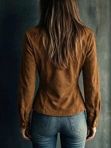 Omancia Brown Faux Suede Lapel Waist-Cinching Top, Autumn Western Style, Suitable For Daily Commute, Travel, Dating - Rust Brown - View 2