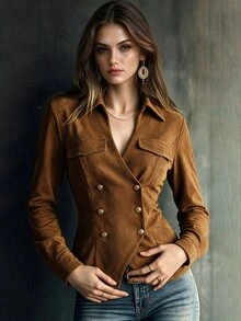 Omancia Brown Faux Suede Lapel Waist-Cinching Top, Autumn Western Style, Suitable For Daily Commute, Travel, Dating - Rust Brown - View 3