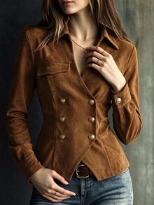 Omancia Brown Faux Suede Lapel Waist-Cinching Top, Autumn Western Style, Suitable For Daily Commute, Travel, Dating - Rust Brown - View 7
