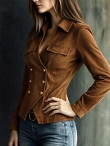 Omancia Brown Faux Suede Lapel Waist-Cinching Top, Autumn Western Style, Suitable For Daily Commute, Travel, Dating - Rust Brown - View 5