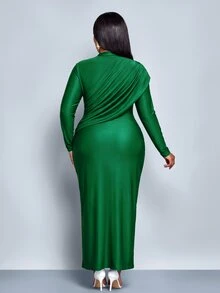 SOLERSUN Plus Size Women's Solid Color Ruched Elegant Waist-Cinching Party Dress Fall - Green - View 6