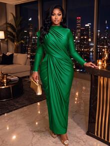 SOLERSUN Plus Size Women's Solid Color Ruched Elegant Waist-Cinching Party Dress Fall - Green - View 1