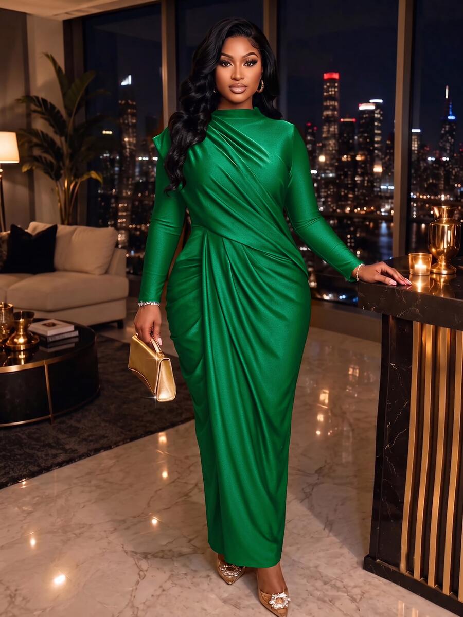 SOLERSUN Plus Size Women's Solid Color Ruched Elegant Waist-Cinching Party Dress Fall - Green - View 1