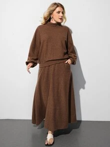 Maija 女款大尺碼兩件套 高領長袖上衣搭配長裙 秋季 - 棕色 - 查看 5