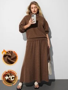 Maija 女款大尺碼兩件套 高領長袖上衣搭配長裙 秋季 - 棕色 - 查看 3