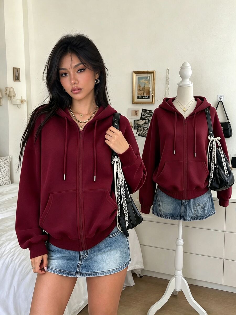 Collagica Collagica Áo nỉ kéo khóa thường ngày casual màu trơn cho nữ - Nhiều màu - Xem 1