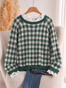 CosyJoli Plus Size Women's Patchwork Hollow Embroidery Stand Collar Houndstooth Raglan Long Sleeve Casual Christmas & Thanksgiving Sweater Women Fall/Winter - Multicolor - View 3
