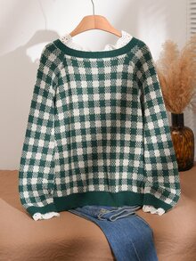 CosyJoli Plus Size Women's Patchwork Hollow Embroidery Stand Collar Houndstooth Raglan Long Sleeve Casual Christmas & Thanksgiving Sweater Women Fall/Winter - Multicolor - View 2