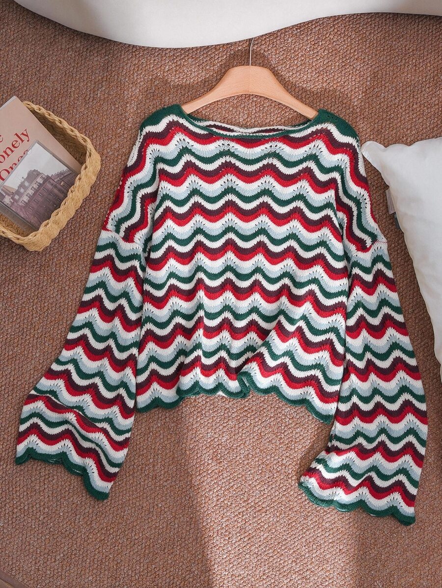CosyJoli Plus Size Fashion Striped Colorblock Hollow Long Sleeve Sweater Christmas Winter - Multicolor - View 1