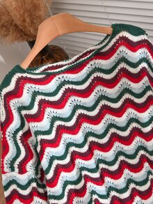 CosyJoli Plus Size Fashion Striped Colorblock Hollow Long Sleeve Sweater Christmas Winter - Multicolor - View 5