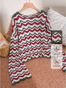 CosyJoli Plus Size Fashion Striped Colorblock Hollow Long Sleeve Sweater Christmas Winter - Multicolor - View 3