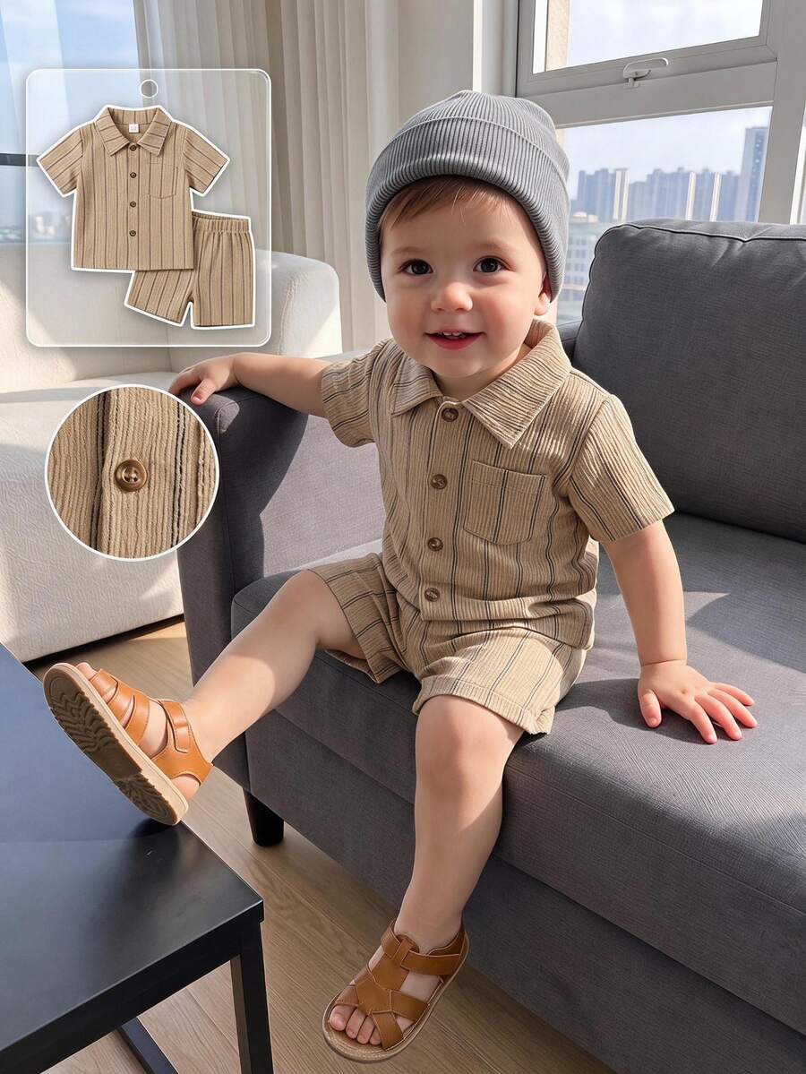 SHEIN 2pcs/Set Baby Boy Basic Casual Short Sleeve Collared Pocket Shirt And Elastic Waist Shorts Set