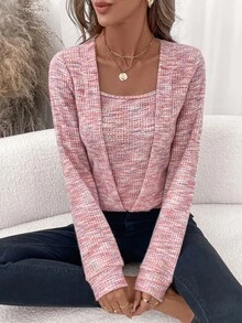 Editum Women's Elegant Light Pink Waffle Pattern Square Neck Pullover Sweatshirt, Autumn Casual Work Brunch Sports Top For Fall, Winter, Spring, Easter, Y2k - Pink - View 5