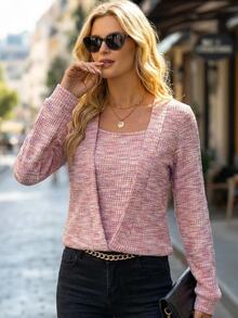 Editum Women's Elegant Light Pink Waffle Pattern Square Neck Pullover Sweatshirt, Autumn Casual Work Brunch Sports Top For Fall, Winter, Spring, Easter, Y2k - Pink - View 2