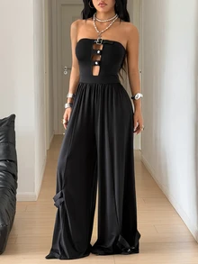 StreetHx Casual Street Style Napoleon Collar Bandeau Jumpsuit - Black - View 3