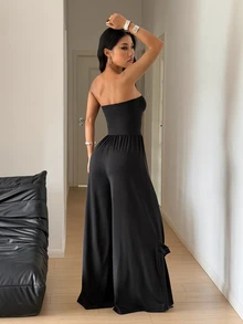 StreetHx Casual Street Style Napoleon Collar Bandeau Jumpsuit - Black - View 2