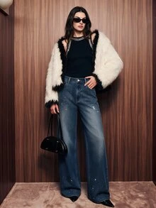 Anewsta Quần jean denim ống rộng dáng rộng cho nữ mùa thu/đông, có túi và đính đá rhinestone - Màu xanh lam - Xem 4